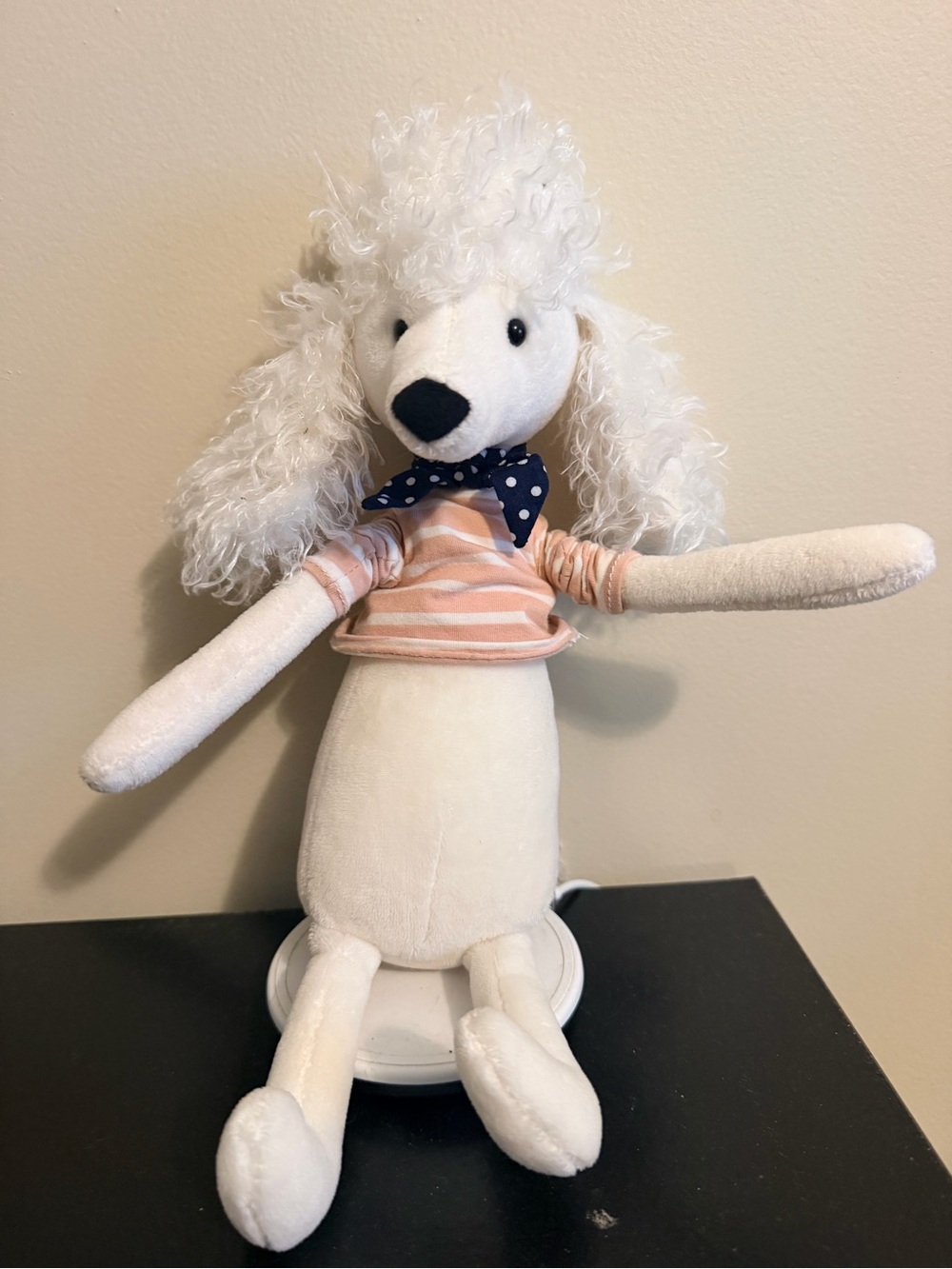 Jellycat White Poodle Plush with Navy Polka Dot Bow and Peach Stripes